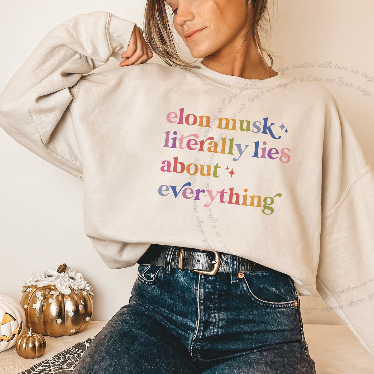 Elon Musk Literally Lies About Everything Care & Resist Gildan crewneck sweatshirt in Sand