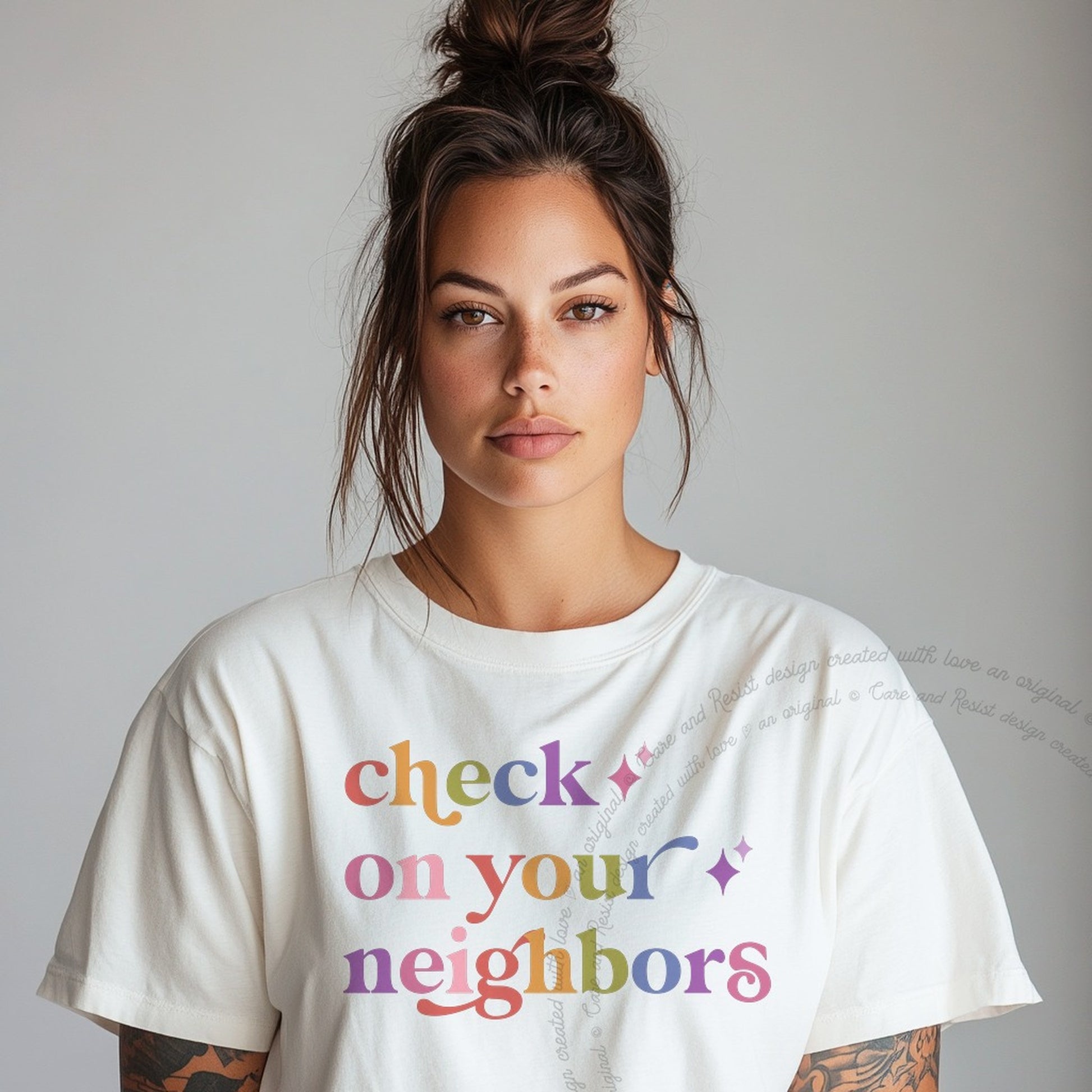 Check on Your Neighbors Care & Resist rainbow Comfort Colors tee, White