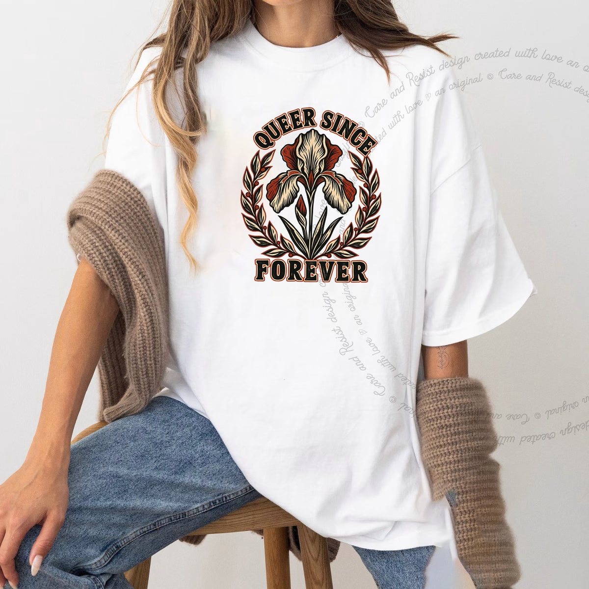 Queer Since Forever Iris Linocut Care & Resist progressive t-shirt in White