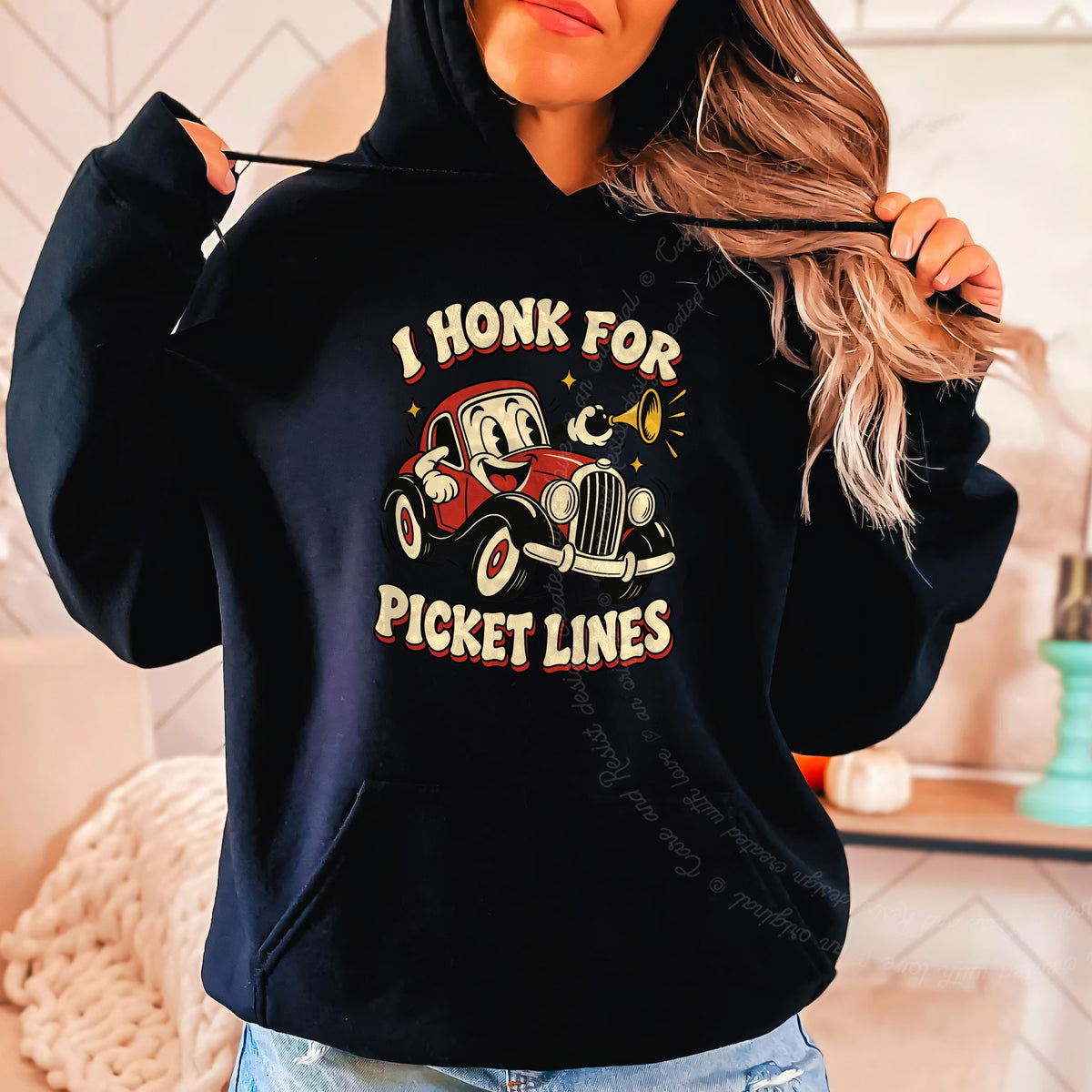 I Honk for Picket Lines Cartoon Care & Resist Gildan hoodie in Black