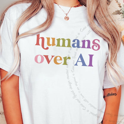 Humans Over Ai Care & Resist rainbow Comfort Colors tee, White