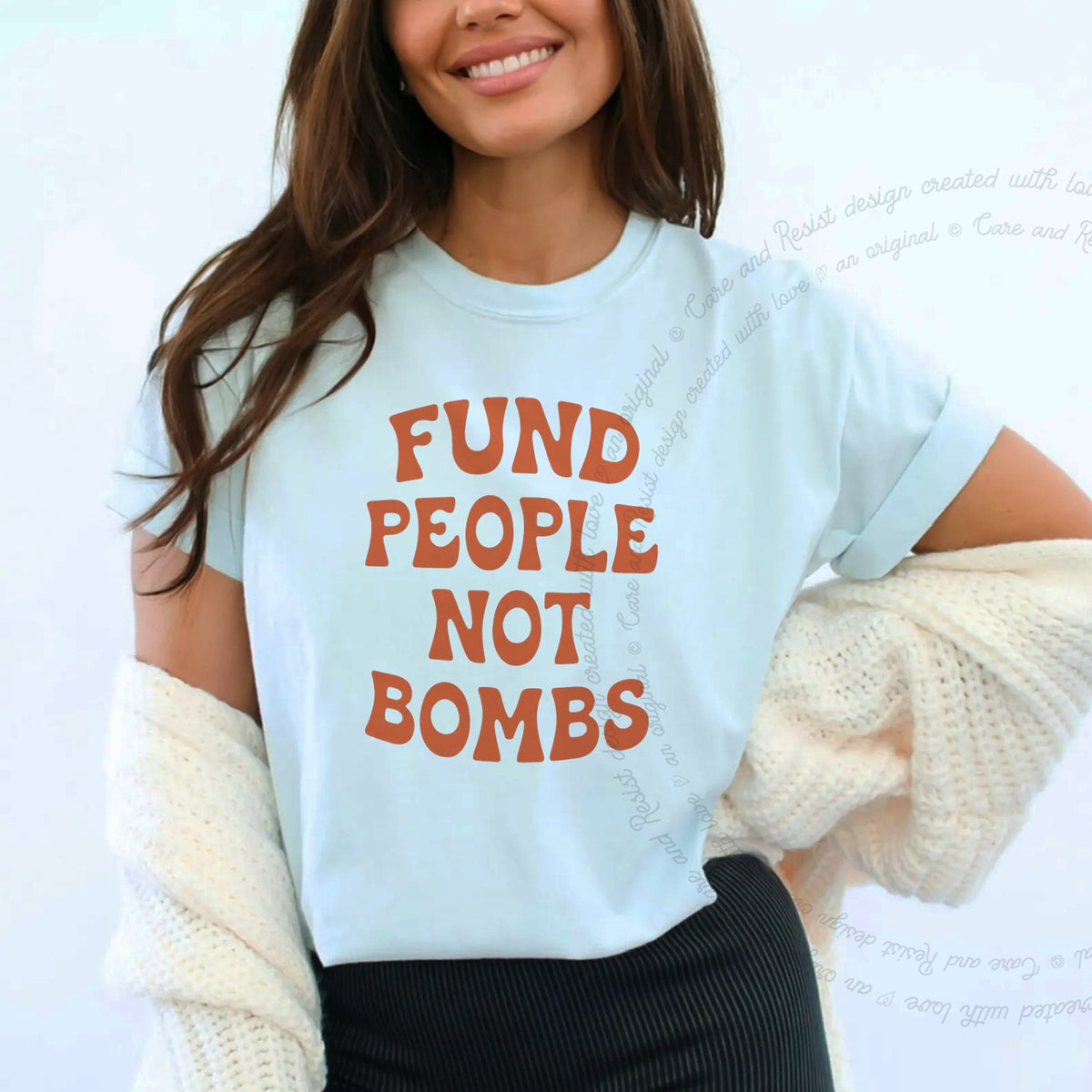Fund People not Bombs Stacked Care & Resist progressive t-shirt in Chambray