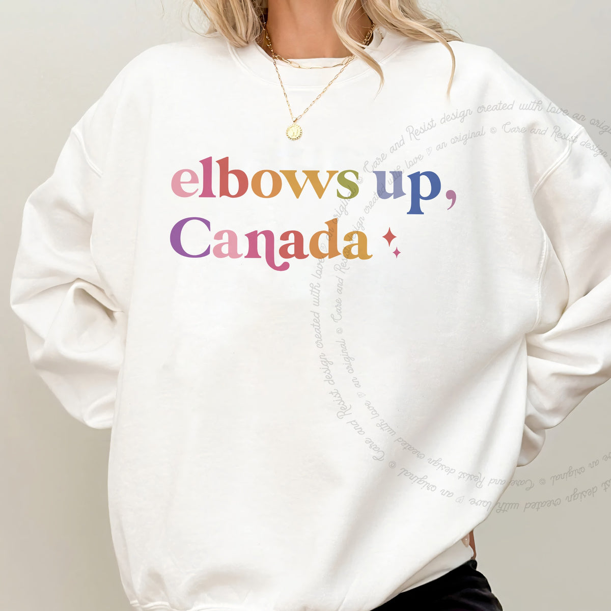 Elbows Up, Canada Care & Resist Gildan crewneck sweatshirt in White
