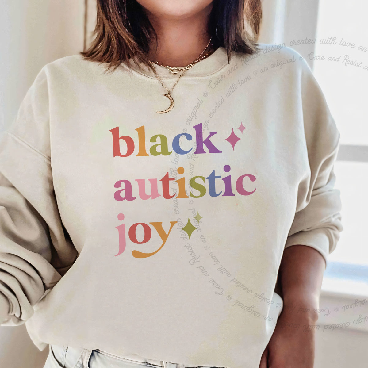 Black Autistic Joy Care & Resist Gildan crewneck sweatshirt in Sand