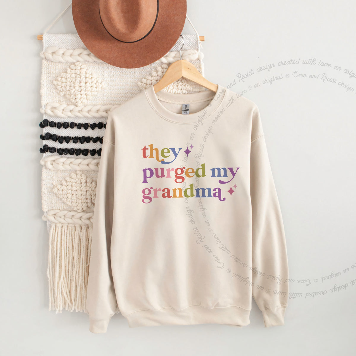 They Purged My Grandma Care & Resist Gildan crewneck sweatshirt in Sand