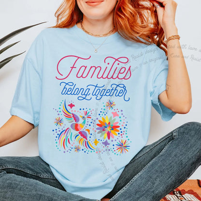 Families Belong Together Rainbow Care & Resist progressive t-shirt in Chambray