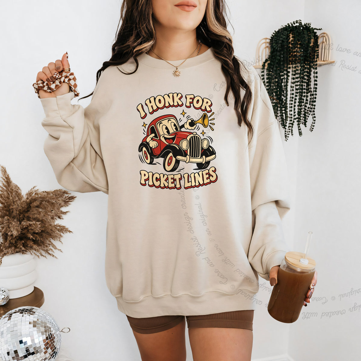 I Honk for Picket Lines Cartoon Care & Resist Gildan crewneck sweatshirt in Sand