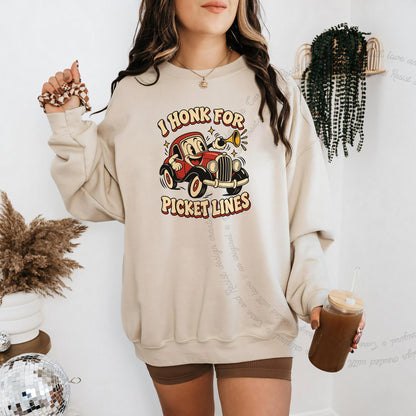 I Honk for Picket Lines Cartoon Care & Resist Gildan crewneck sweatshirt in Sand