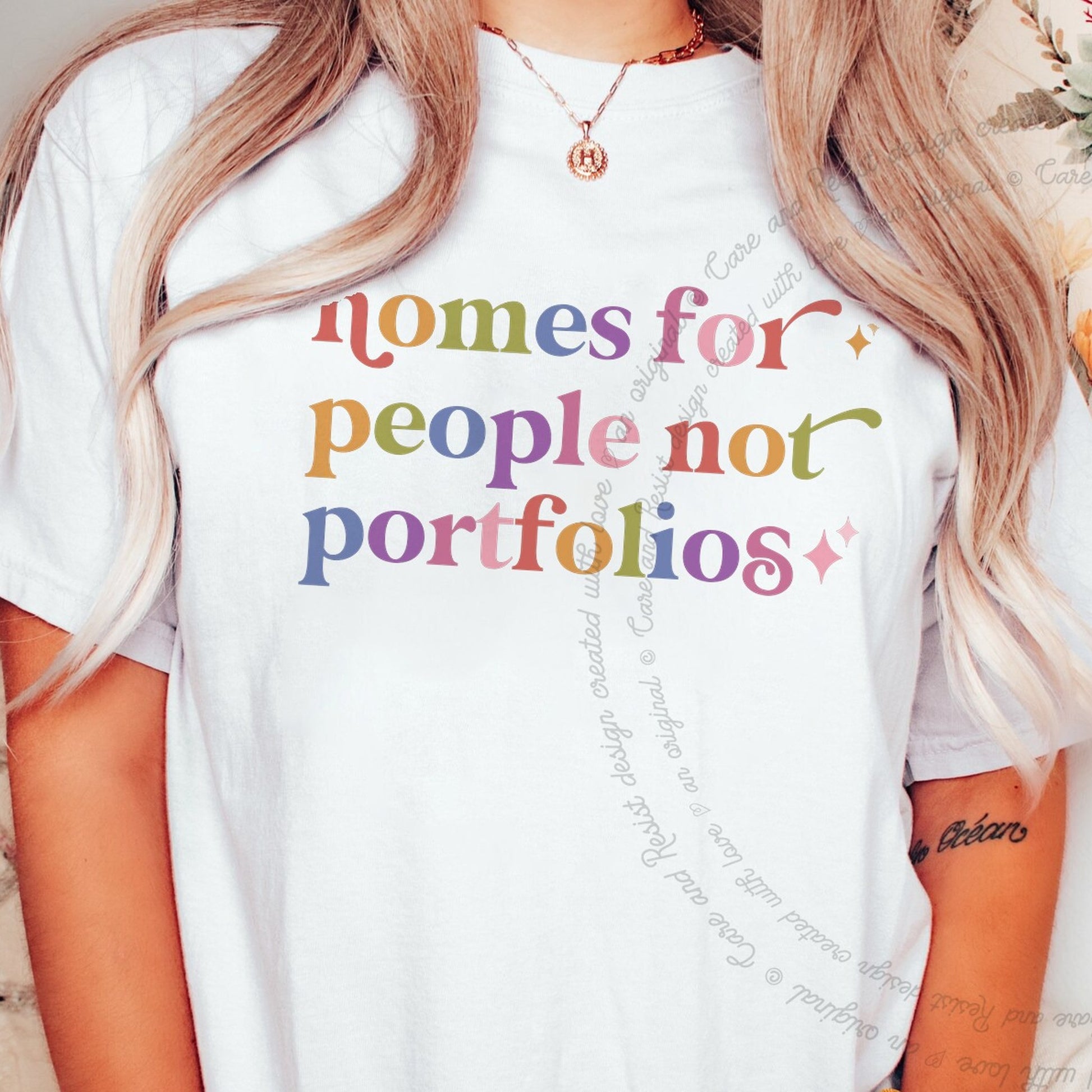Homes for People not Portfolios Care & Resist rainbow Comfort Colors tee, White