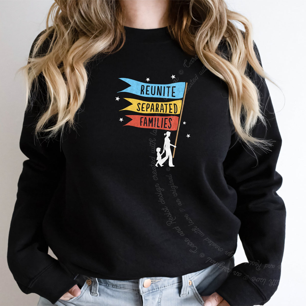 Reunite Separated Families Flags Care & Resist Gildan crewneck sweatshirt in Black