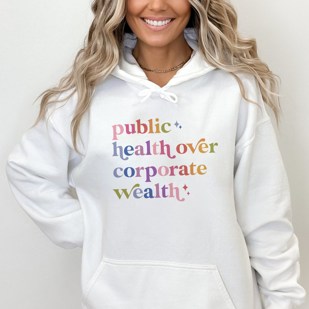 Public Health Over Corporate Wealth Care & Resist Gildan hoodie in White