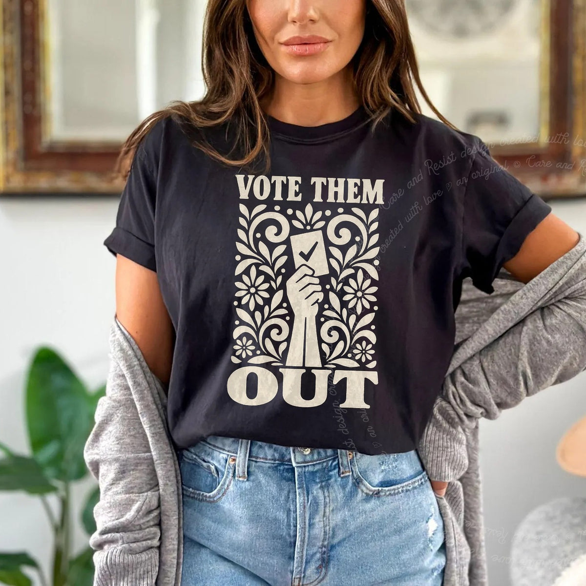 Vote Them Out Ballot Linocut Care & Resist progressive t-shirt in Black
