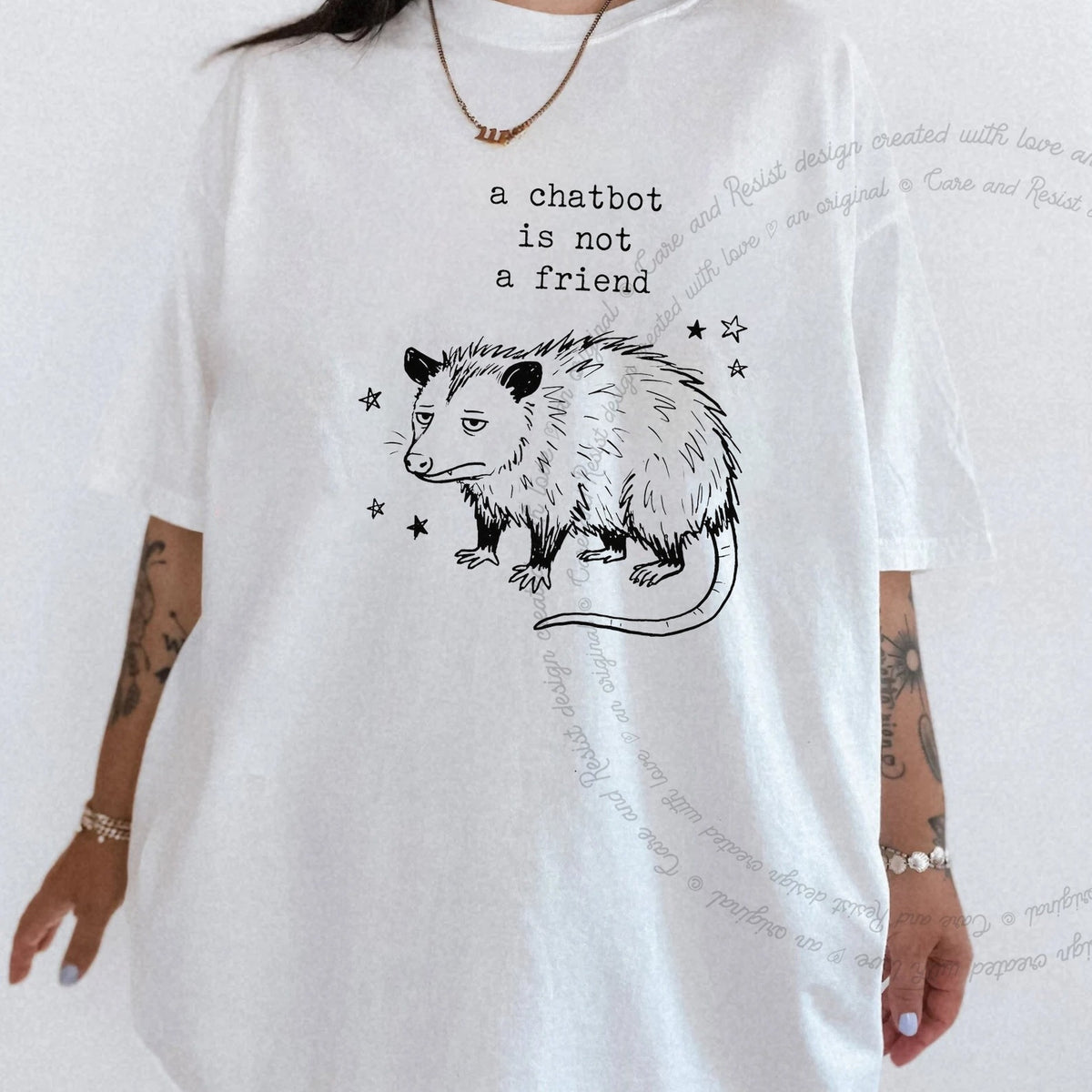 A Chatbot is not a Friend Possum Care & Resist progressive t-shirt in White