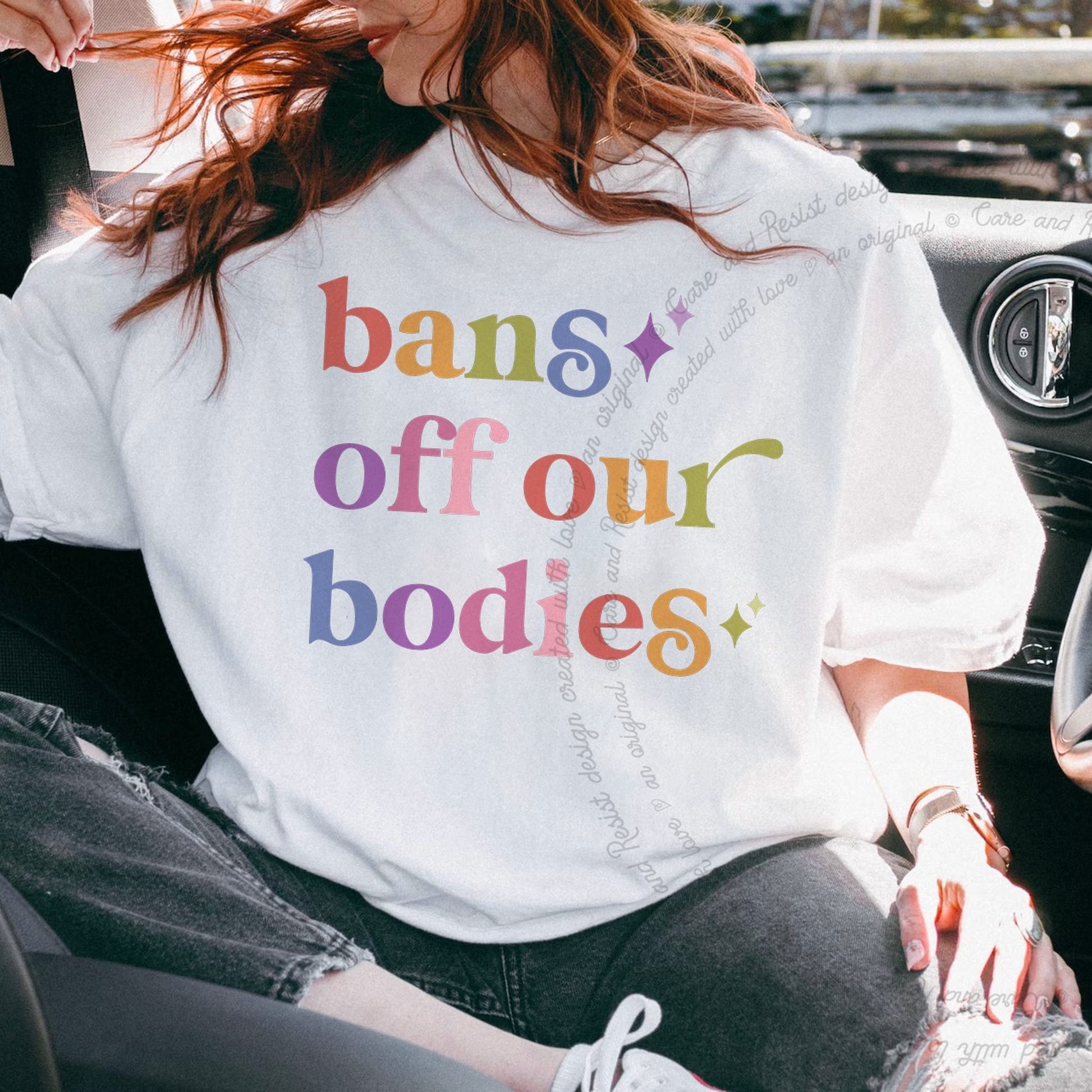 Bans Off Our Bodies Care & Resist rainbow Comfort Colors tee, White