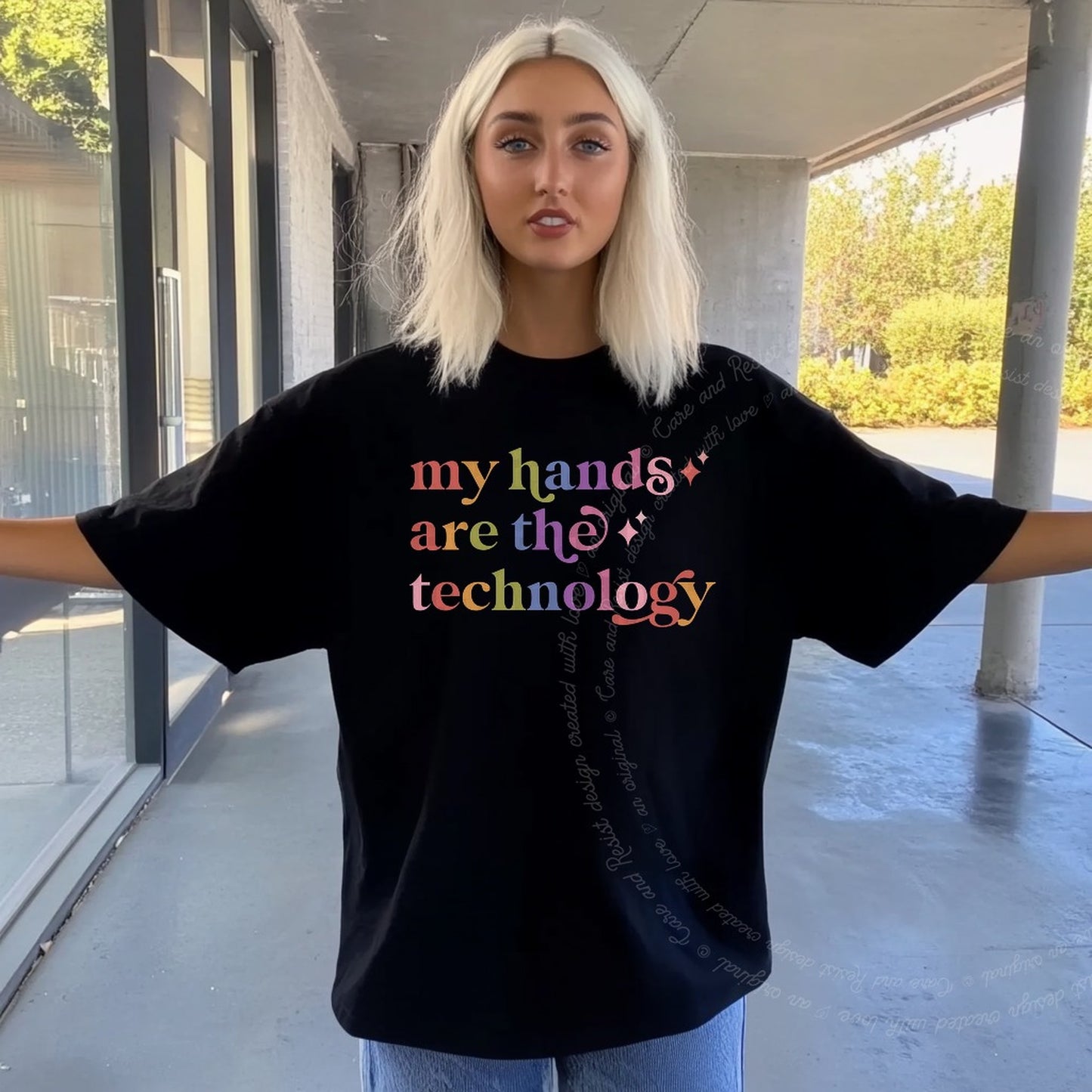 My Hands are the Technology Care & Resist rainbow Comfort Colors tee, Black