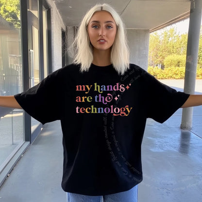 My Hands are the Technology Care & Resist rainbow Comfort Colors tee, Black