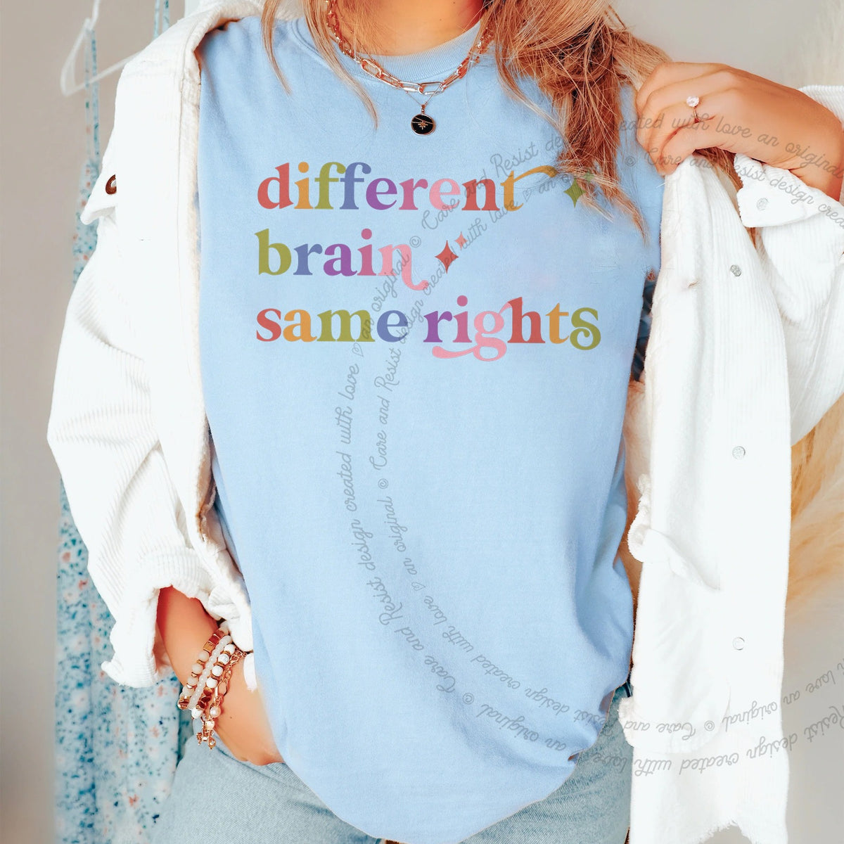 Different Brain Same Rights Care & Resist rainbow tee