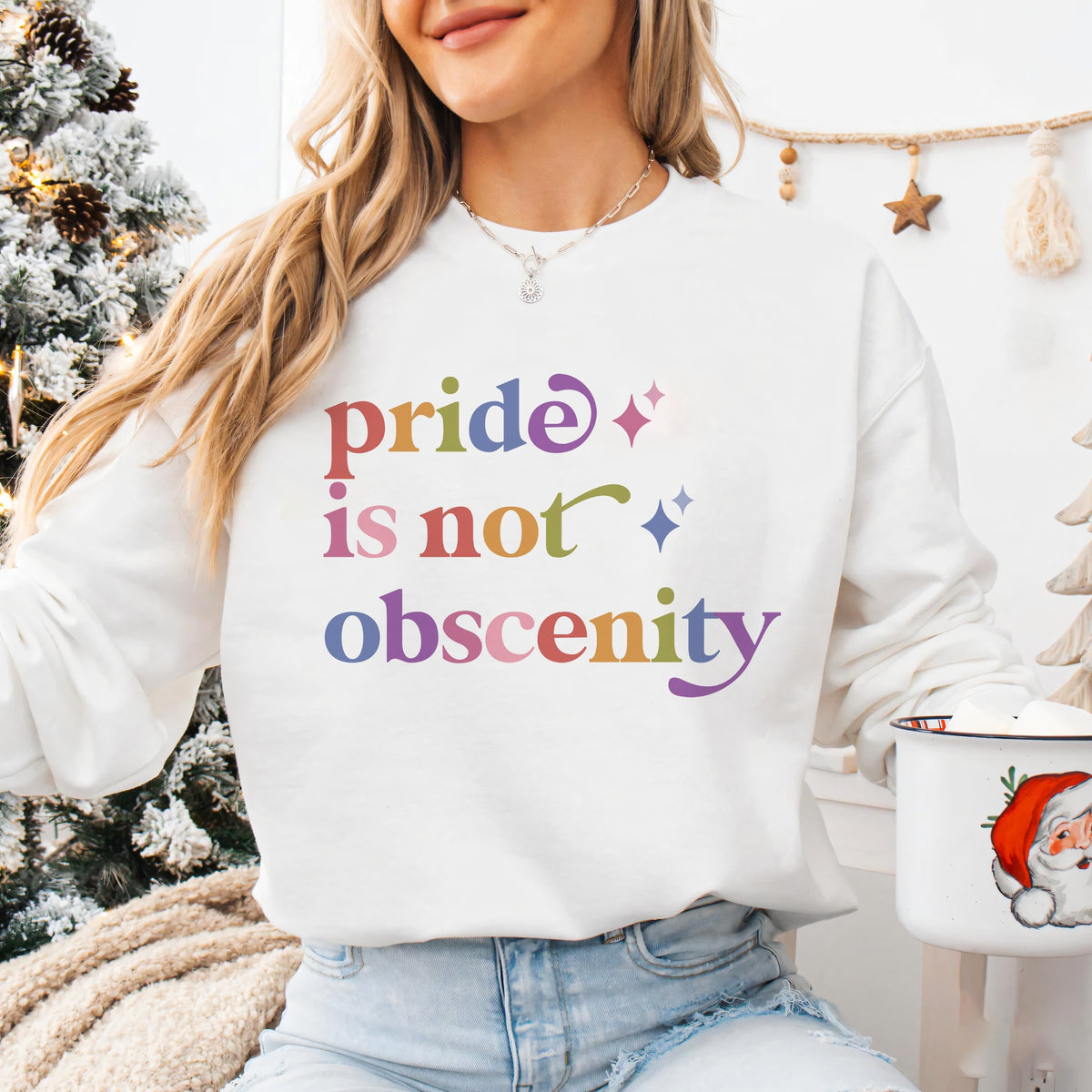 Pride is not Obscenity Care & Resist Gildan crewneck sweatshirt in White