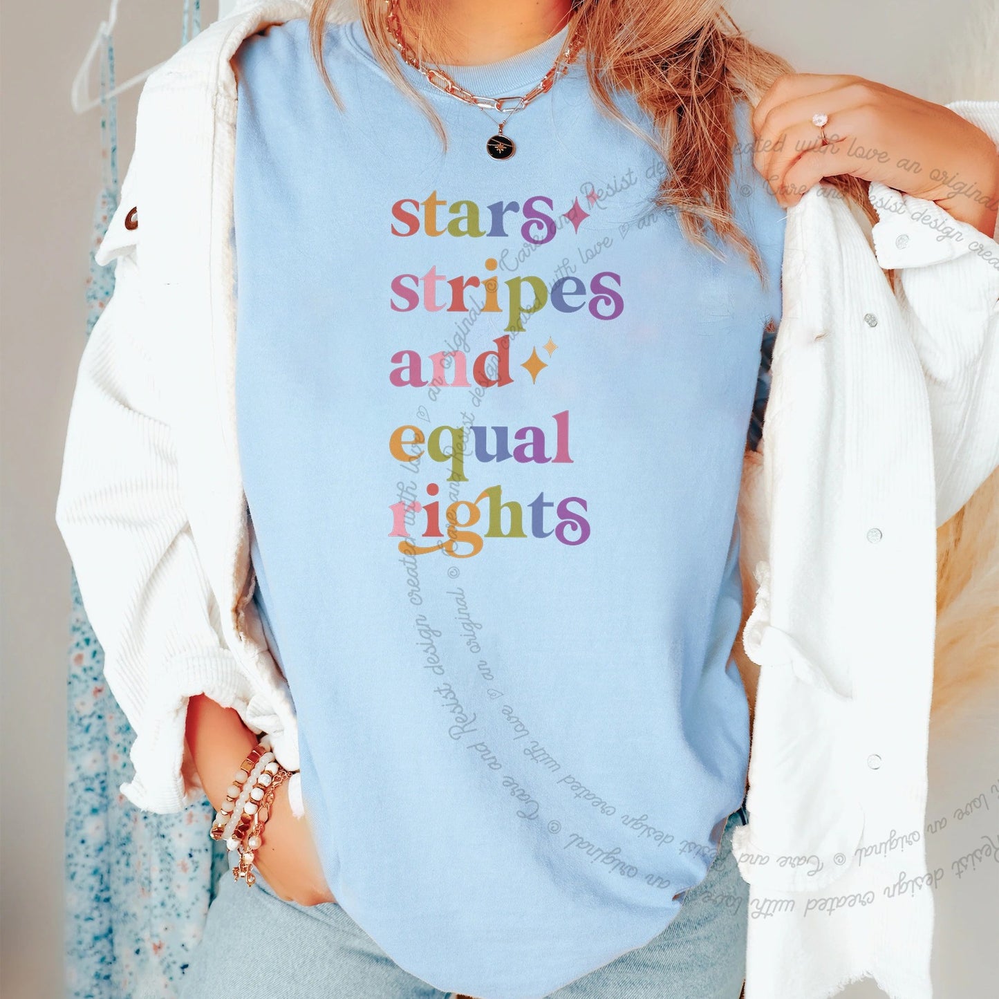 Stars Stripes and Equal Rights Care & Resist rainbow Comfort Colors tee, Chambray