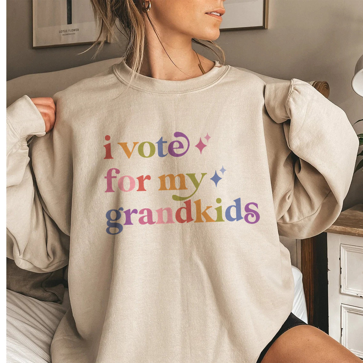 I Vote for My Grandkids Care & Resist Gildan crewneck sweatshirt in Sand