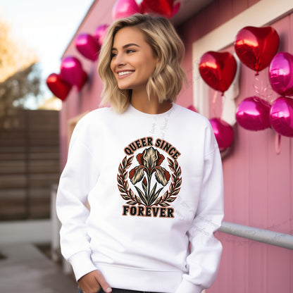 Queer Since Forever Iris Linocut Care & Resist Gildan crewneck sweatshirt in White