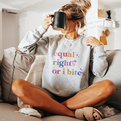 Equal Rights or I Bites Care & Resist Gildan crewneck sweatshirt in Sport Grey