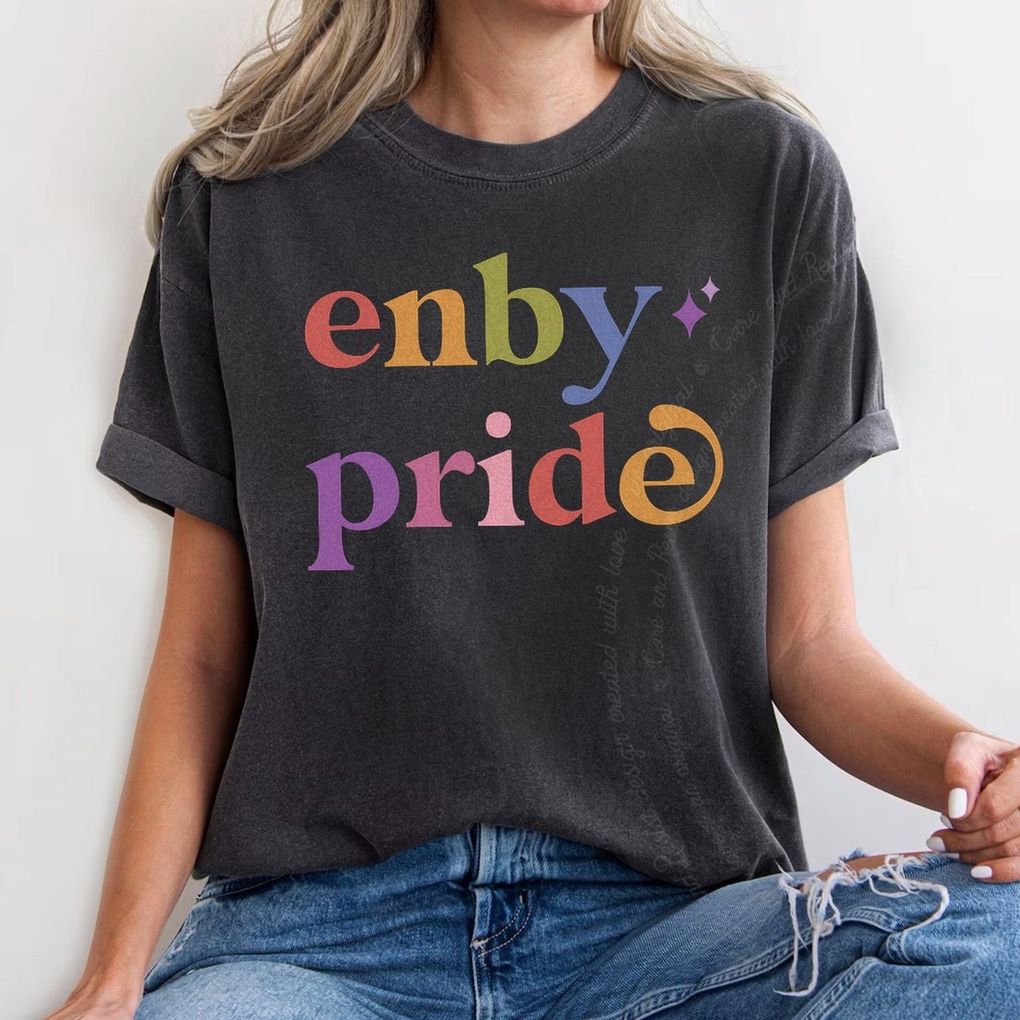 Enby Pride Care & Resist rainbow Comfort Colors tee, Graphite