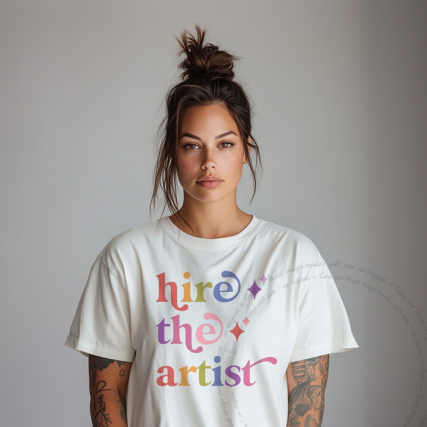 Hire the Artist Care & Resist rainbow Comfort Colors tee, Ivory