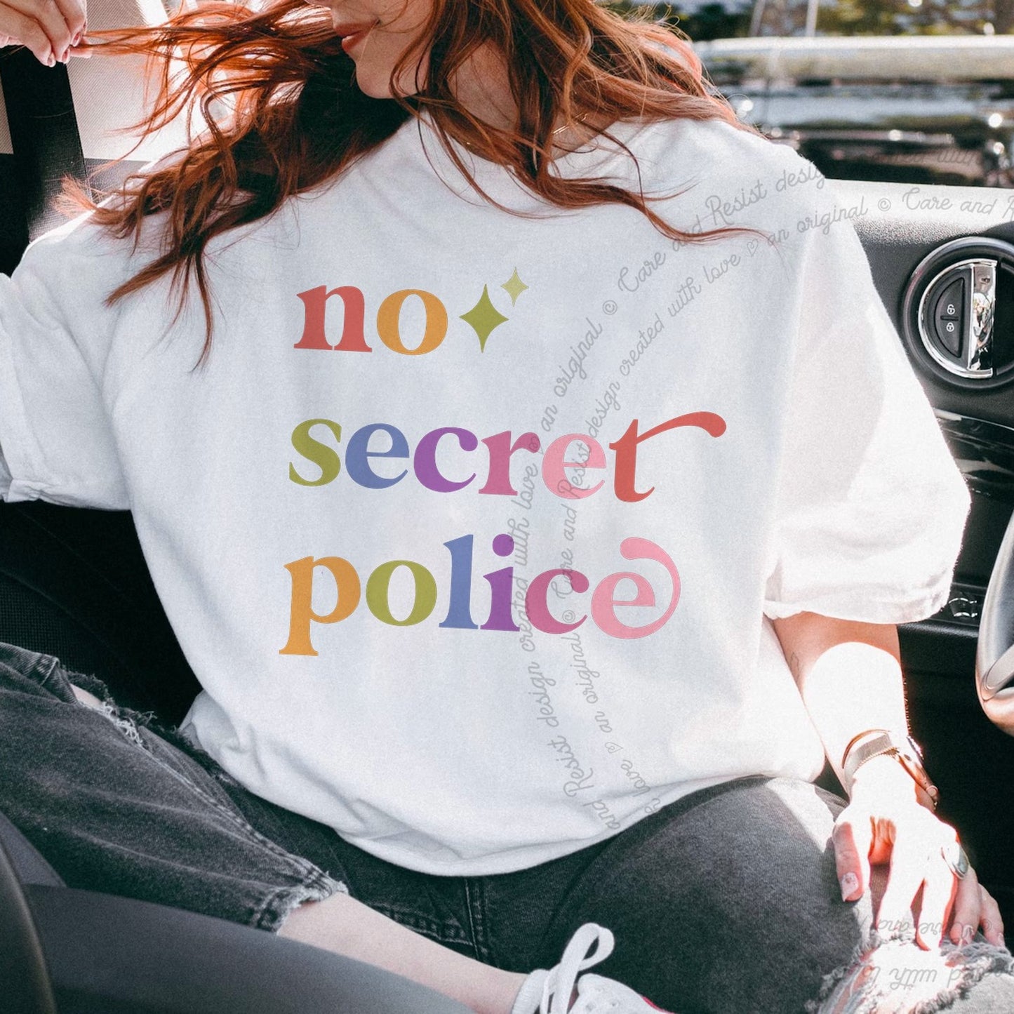 No Secret Police Care & Resist rainbow Comfort Colors tee, White