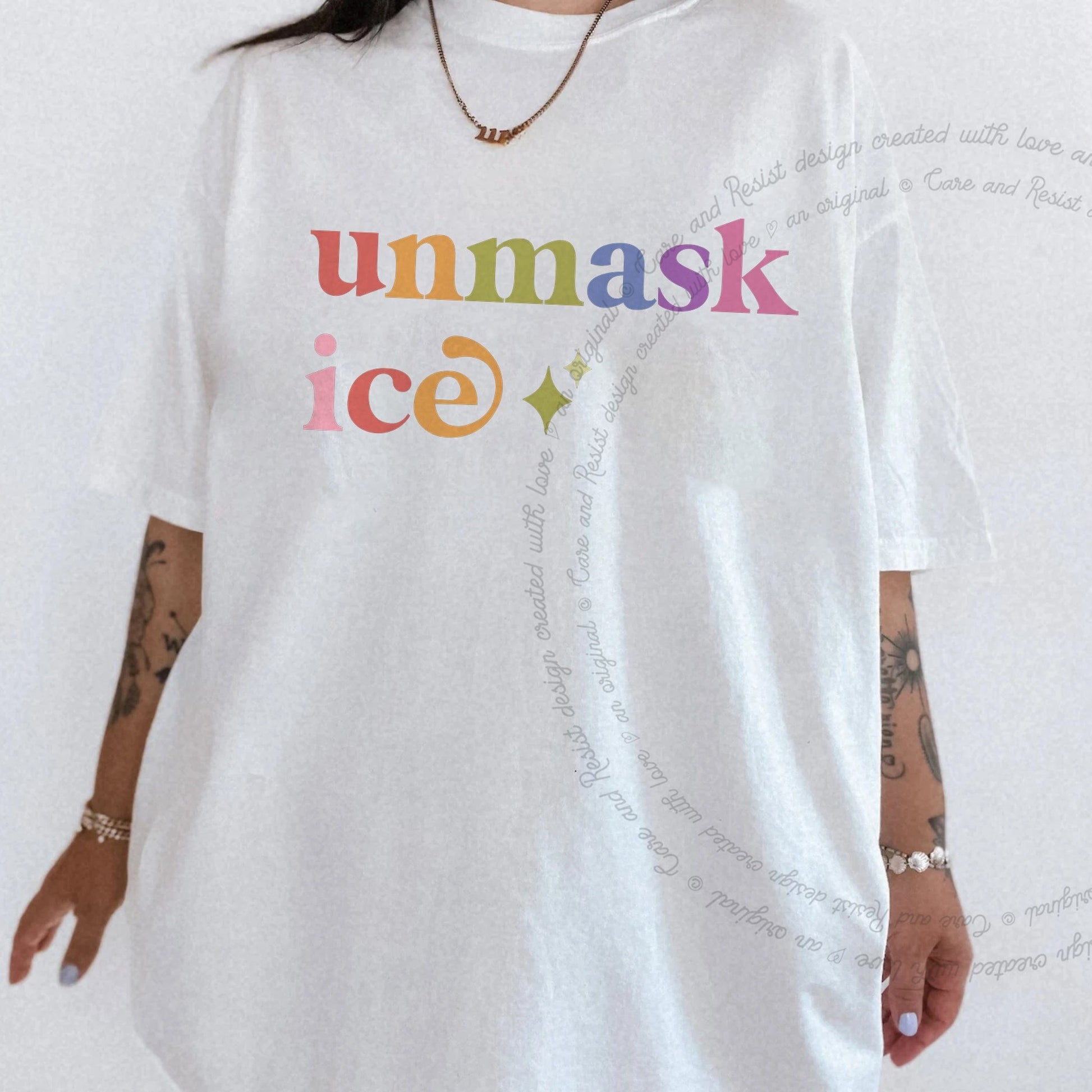 Unmask Ice Care & Resist rainbow Comfort Colors tee, White