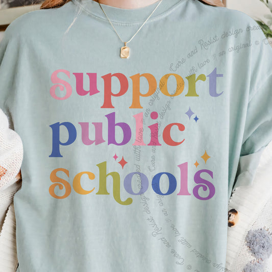 Support Public Schools Care & Resist progressive t-shirt in Bay