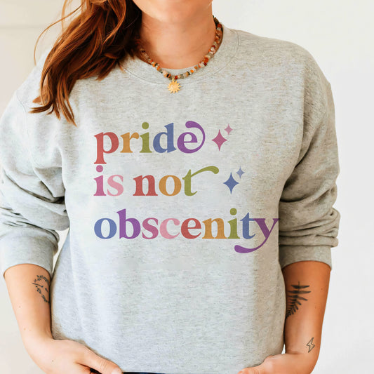 Pride is not Obscenity Care & Resist Gildan crewneck sweatshirt in Sport Grey