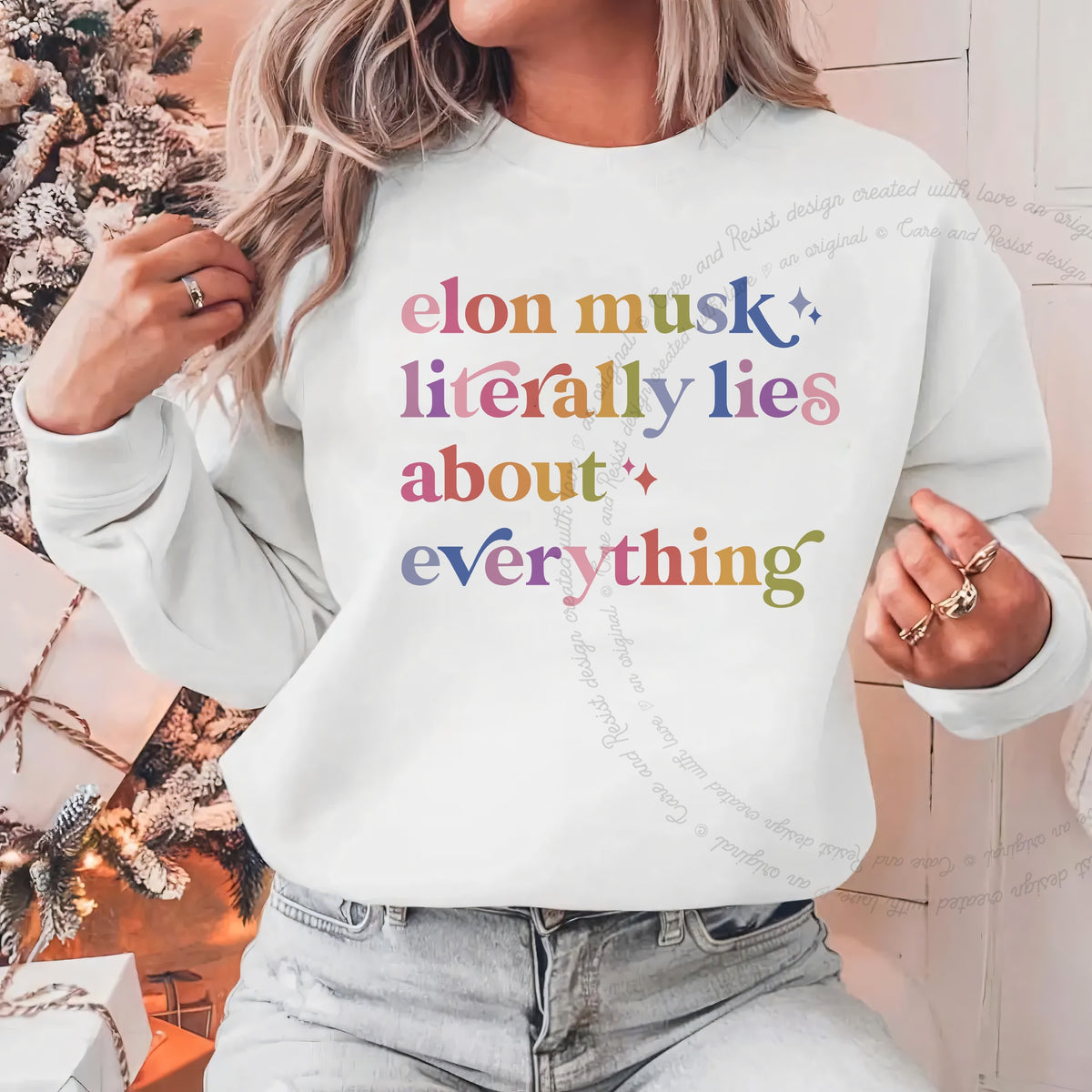 Elon Musk Literally Lies About Everything Care & Resist Gildan crewneck sweatshirt in White