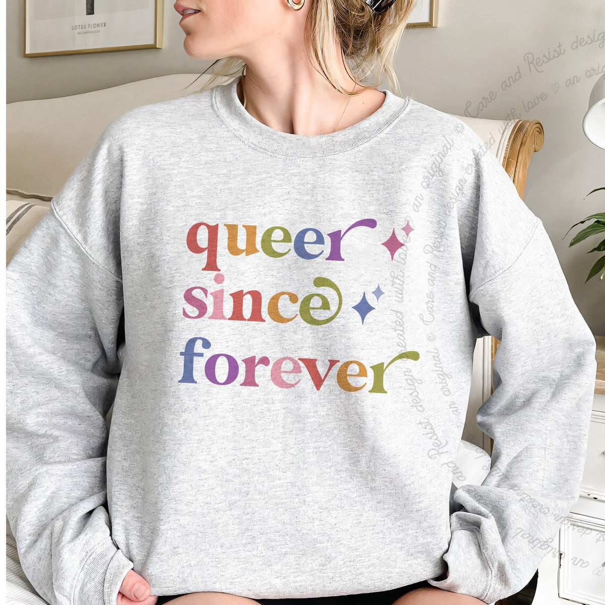 Queer Since Forever Care & Resist Gildan crewneck sweatshirt in Sport Grey