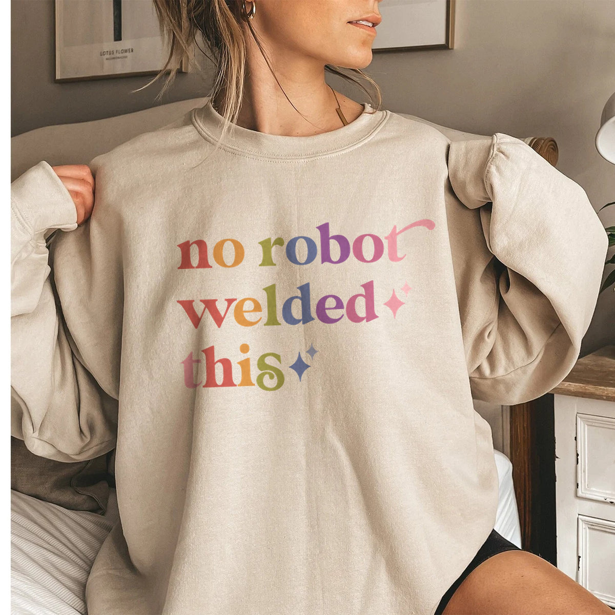 No Robot Welded This Care & Resist Gildan crewneck sweatshirt in Sand