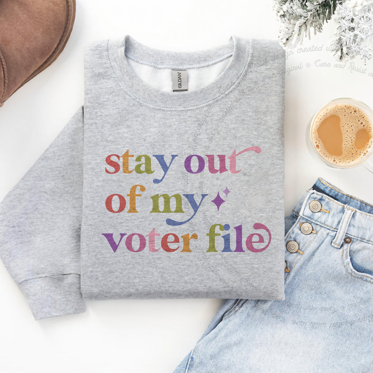 Stay Out of My Voter File Care & Resist Gildan crewneck sweatshirt in Sport Grey