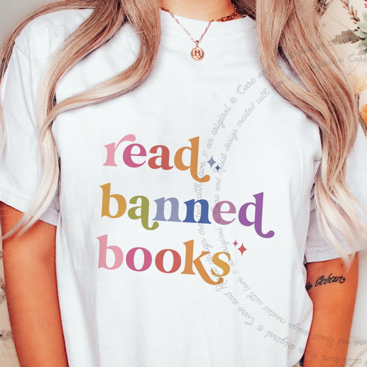 Read Banned Books Care & Resist progressive t-shirt in White