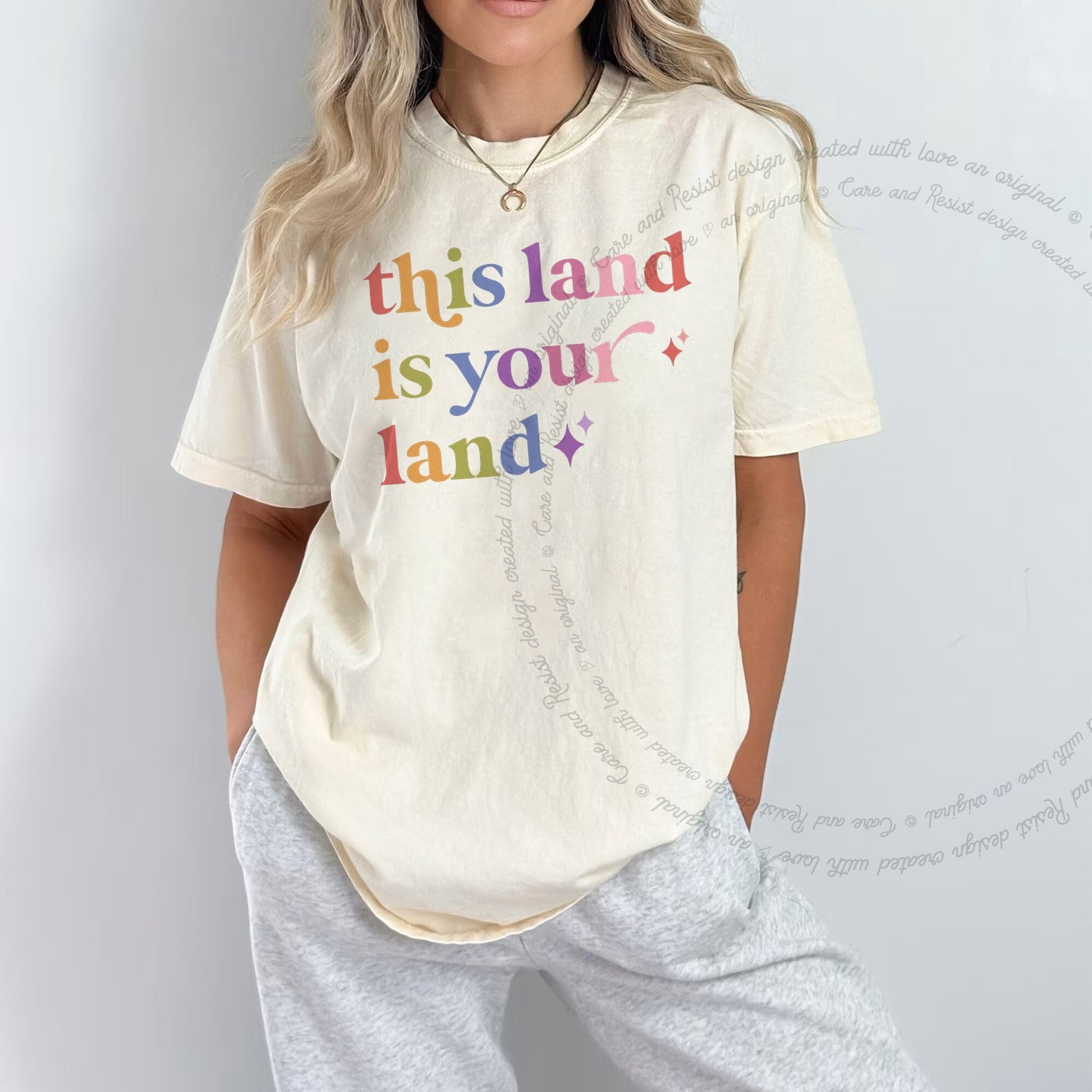 This Land is Your Land Care & Resist rainbow Comfort Colors tee, Ivory
