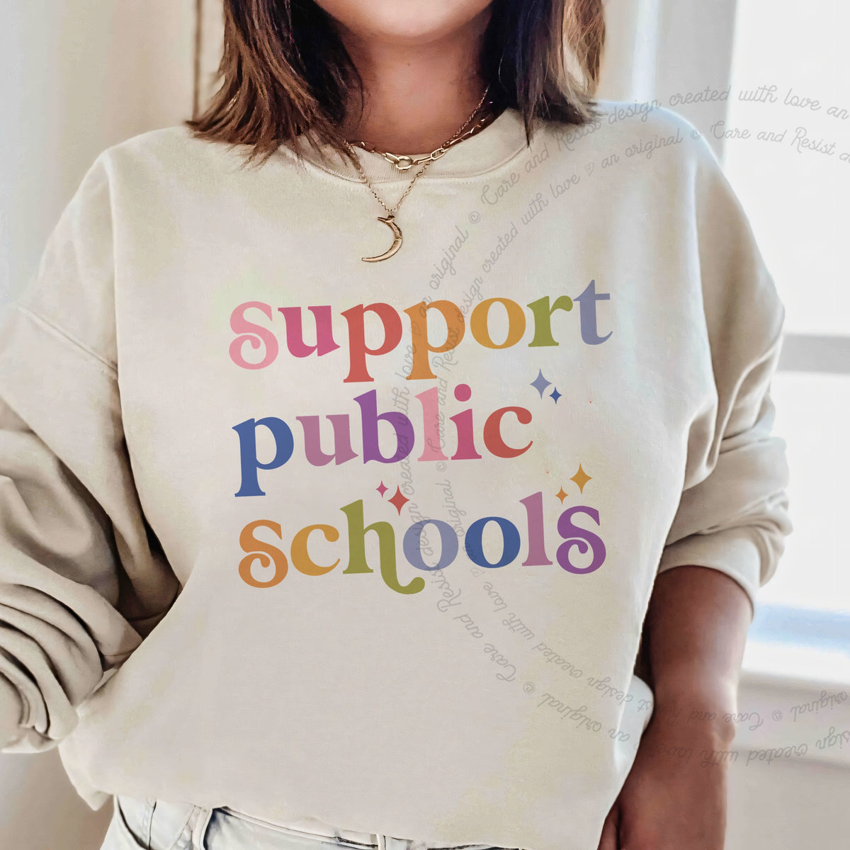 Support Public Schools Care & Resist Gildan crewneck sweatshirt in Sand