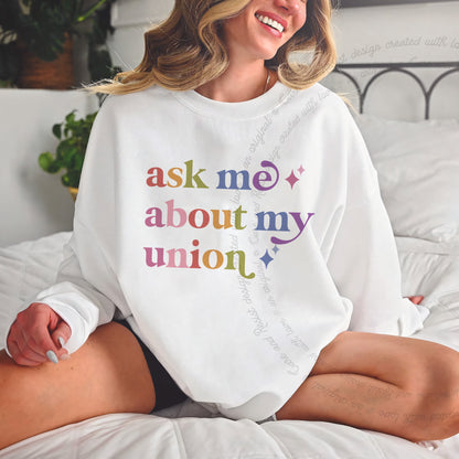 Ask Me About My Union Care & Resist Gildan crewneck sweatshirt in White