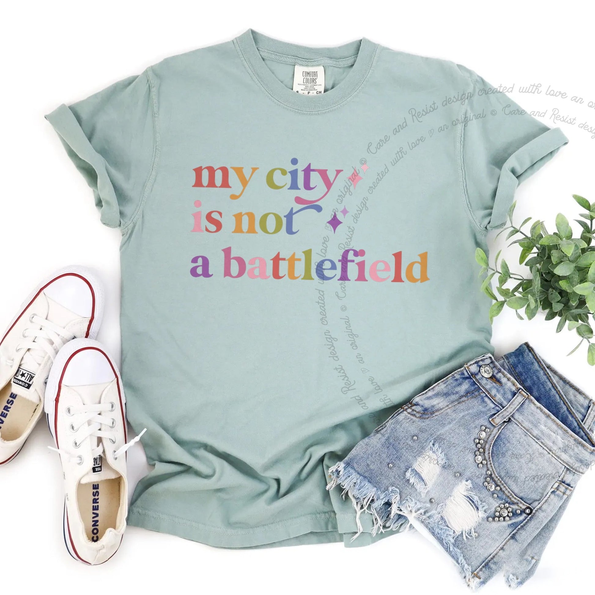 My City is not a Battlefield Care & Resist rainbow Comfort Colors tee, Bay