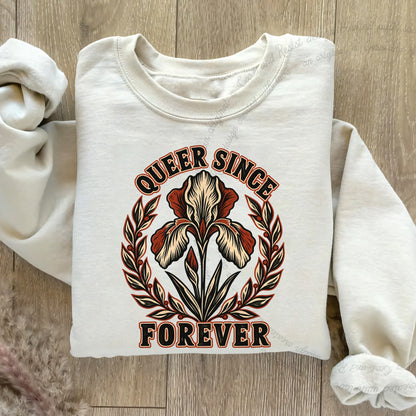 Queer Since Forever Iris Linocut Care & Resist Gildan crewneck sweatshirt in Sand