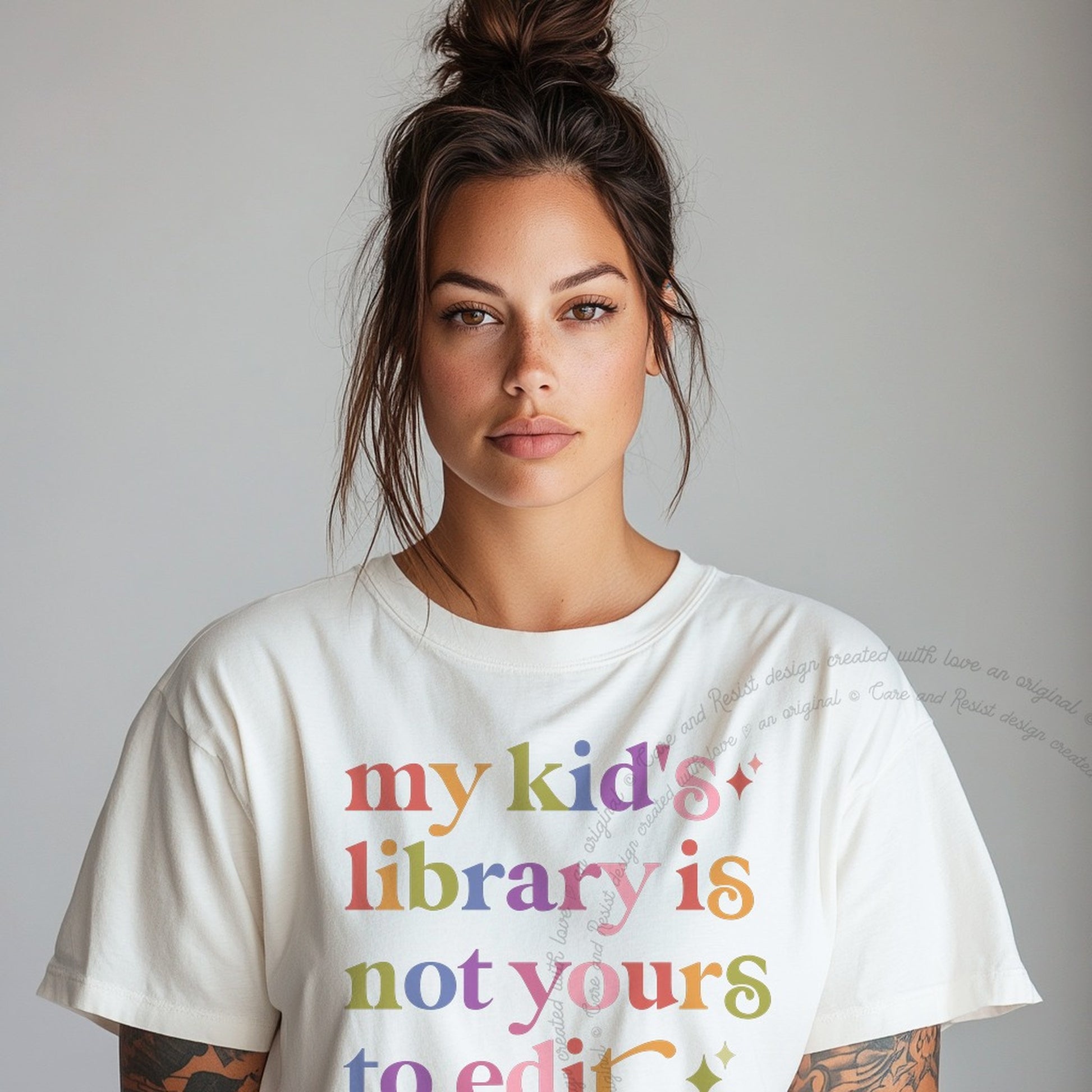 My Kid's Library is not Yours to Edit Care & Resist rainbow Comfort Colors tee, White