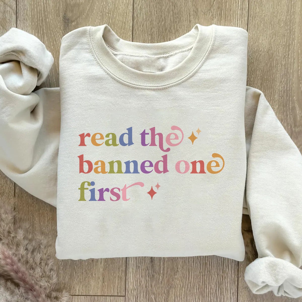 Read the Banned One First Care & Resist Gildan crewneck sweatshirt in Sand