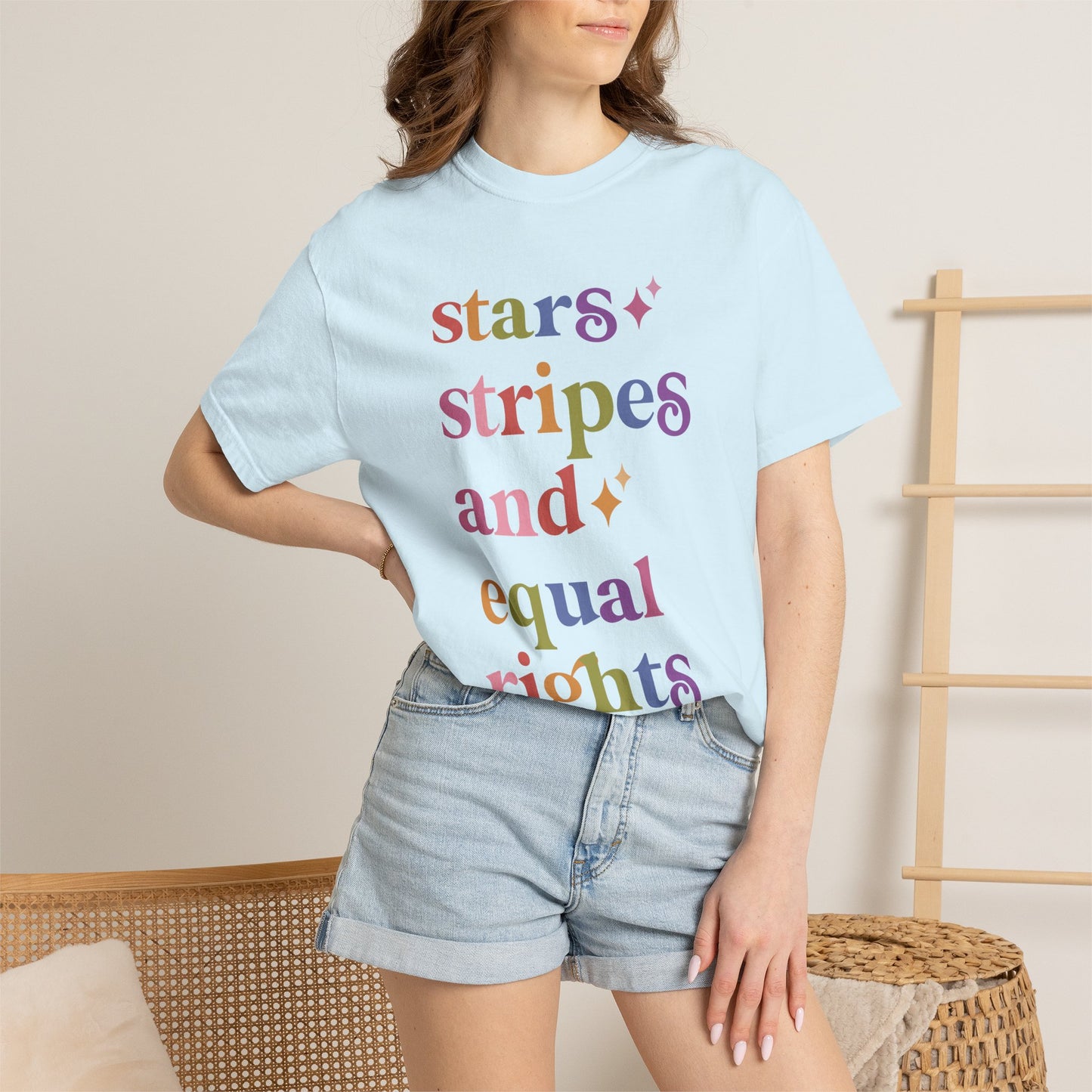 Stars Stripes and Equal Rights Care & Resist rainbow Comfort Colors tee
