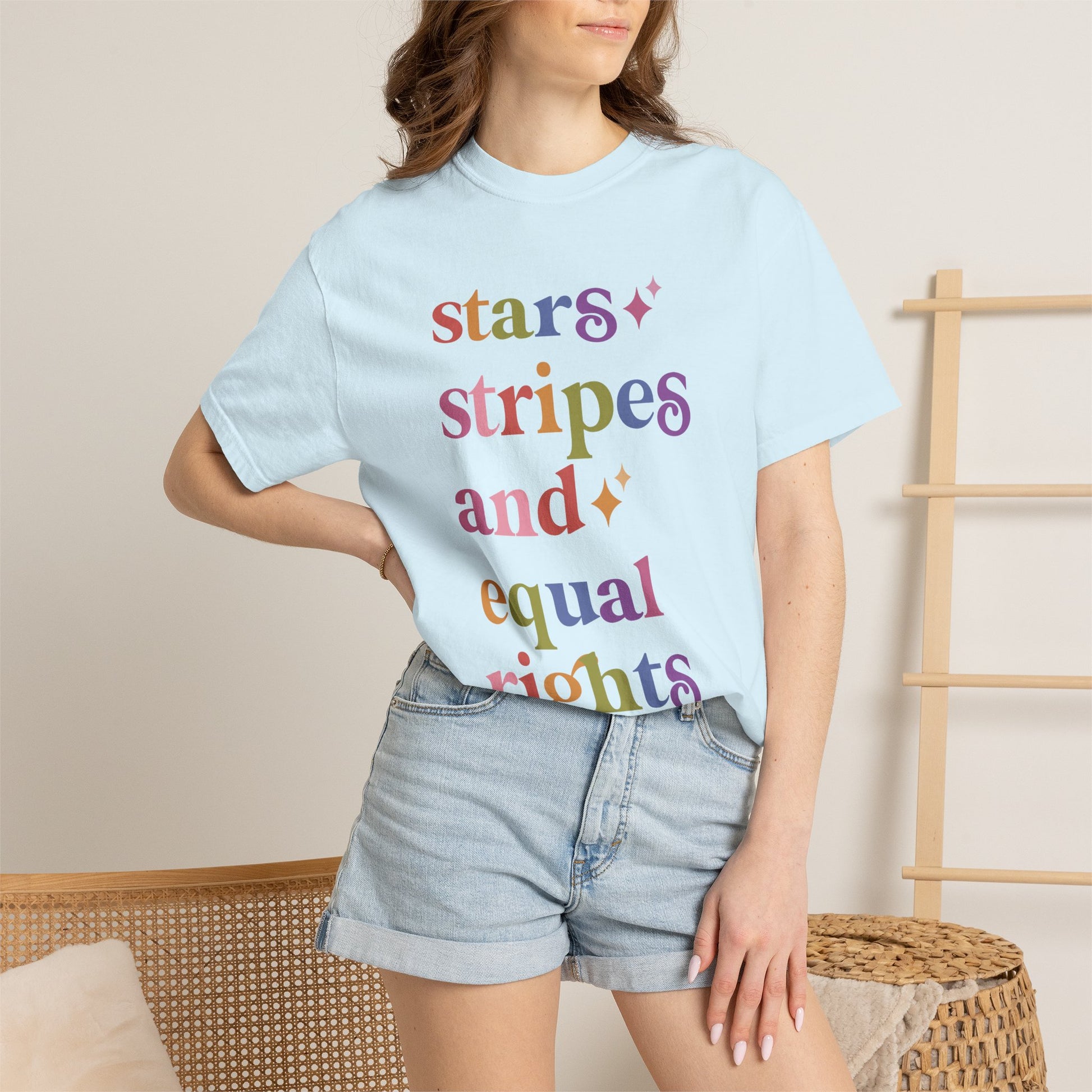 Stars Stripes and Equal Rights Care & Resist rainbow Comfort Colors tee