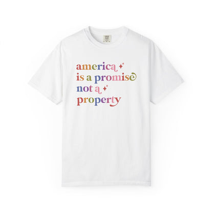 America is a Promise not a Property Care & Resist rainbow Comfort Colors tee