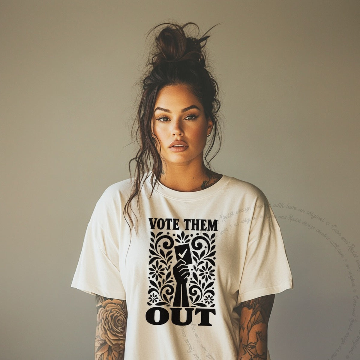 Vote Them Out Ballot Stencil Care & Resist progressive t-shirt in Ivory