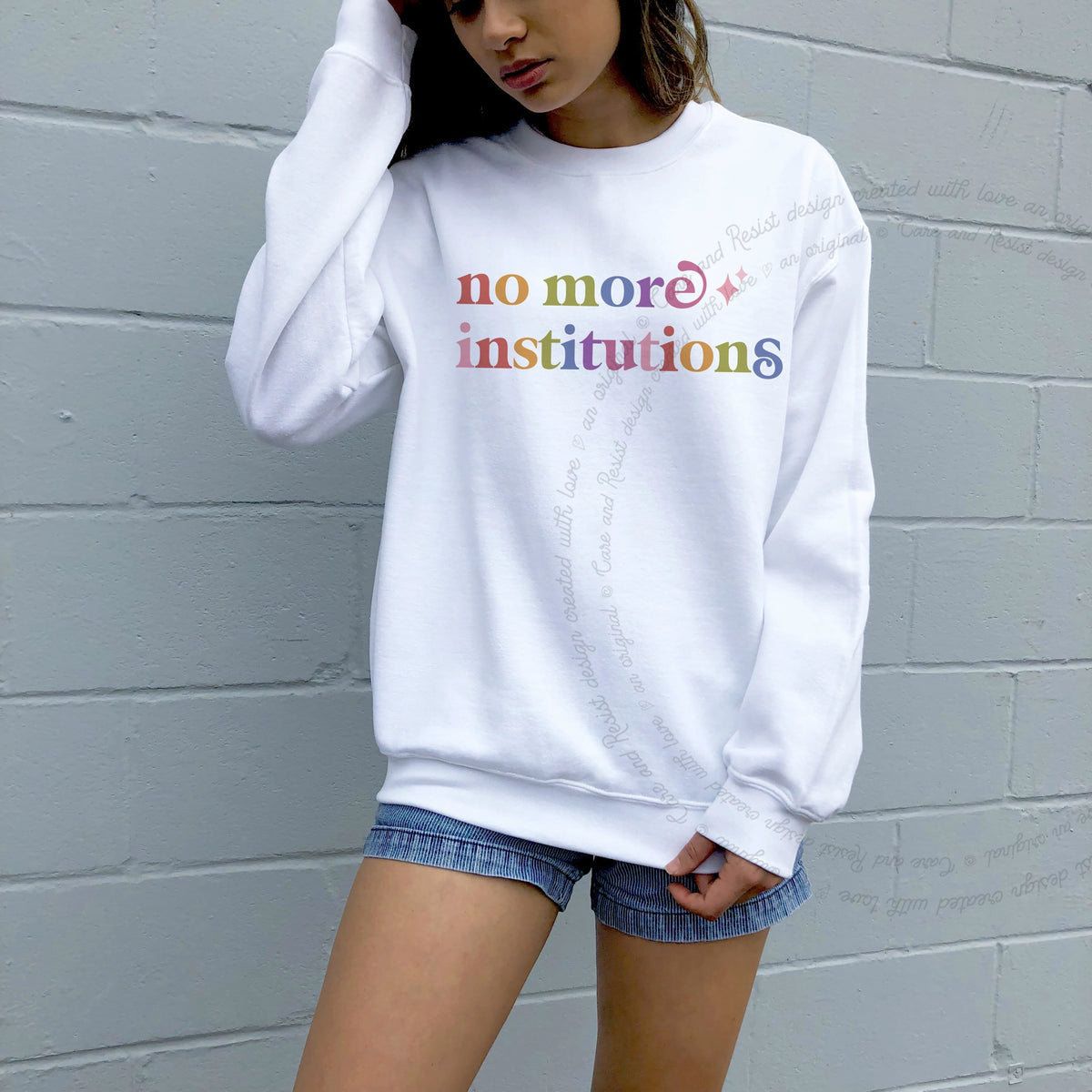 No More Institutions Care & Resist Gildan crewneck sweatshirt in White