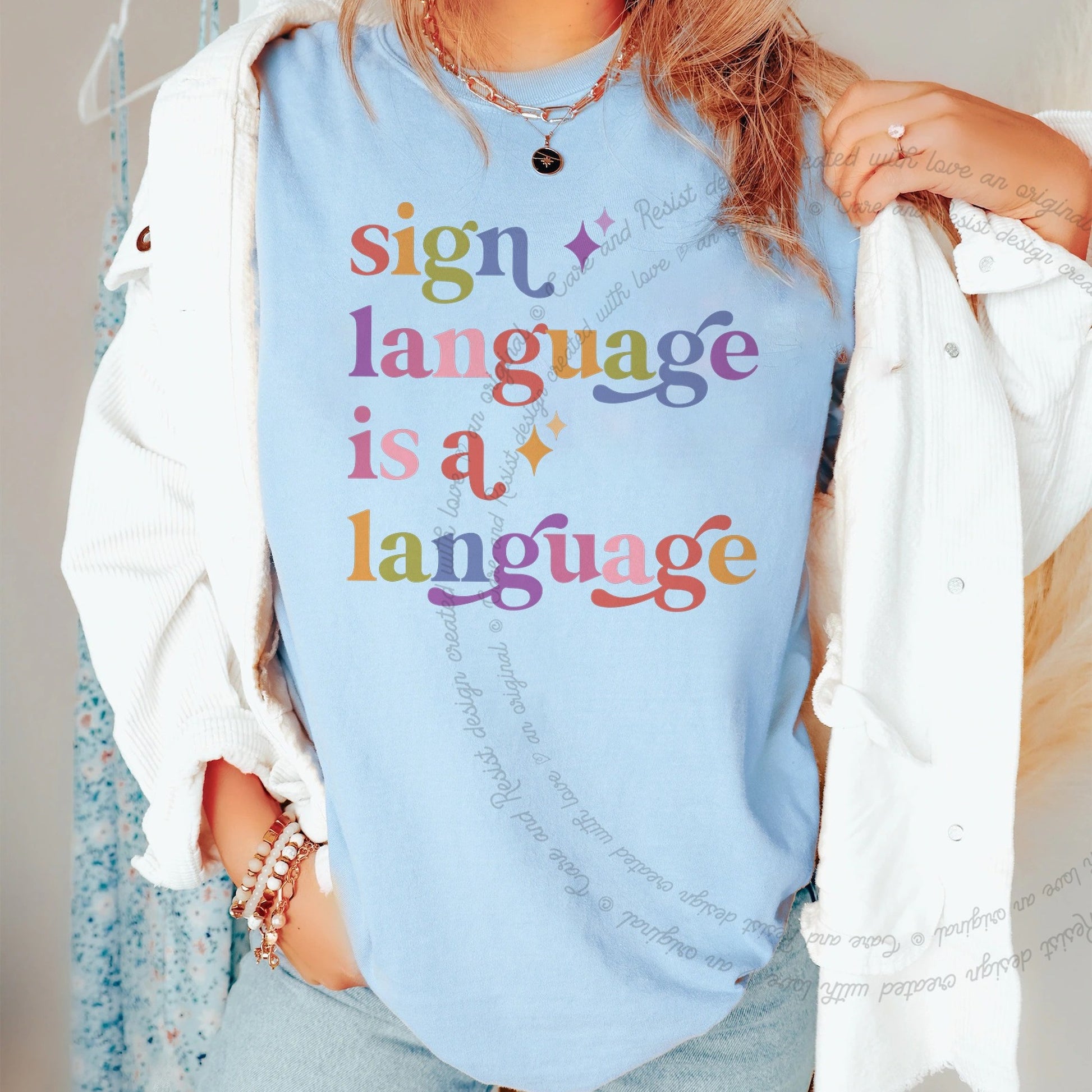 Sign Language is a Language Care & Resist rainbow Comfort Colors tee, Chambray